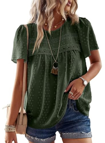 TUUHAW Femme Chemisier Été Léger Oversize Boho Blouse Manches Courtes Col Rond Grande Taille Tunique Dentelle T-Shirt Confortable Fluide Tops Chemise Chic et Élégant Vert XXL