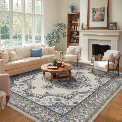 Tappeto per soggiorno, lavabile, 140 x 200 cm, motivo floreale bohémien, a pelo corto, per sala da pranzo, camera da letto, ufficio, lavabile, antiscivolo, design vintage orientale, blu/bianco