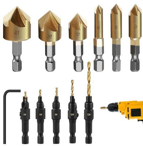 12PCS Countersink Drill Bit Set, Countersink Bits, Counter Sink Drill Bits Set, 6Pcs Hss five-flutes chamfering and 5Pcs woodworking Drilling Bits with Wrench, for Wood Drilling,Plastic,Soft Metal,PVC
