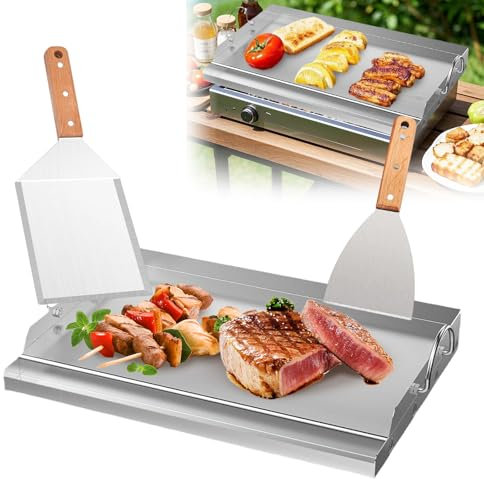 Plancha, piastra per barbecue, 58 x 40 cm, in acciaio inox, con manico, antiruggine, robusta, con 2 spatole per barbecue a gas e barbecue a carbonella
