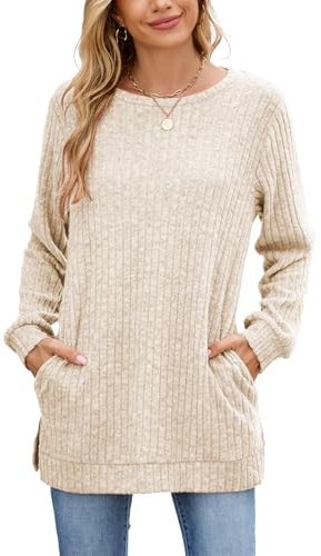 Famulily Women's Jumpers Ribbed Knit Sweatshirts Warm Longline Tops Loose Side Splits Pullover Sweaters Solid Jumper for Leggings Beige L