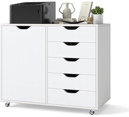 FANTASK Mobiler Aktenschrank, Rollcontainer mit 5 Schubladen und Schrankfach, Schreibtischunterschrank für Büro Wohnzimmer, 79 x 39 x 65cm (Weiß)