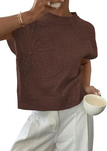 PRETTYGARDEN Women's 2026 Spring Sweater Vest Trendy Flower Knit Short Sleeve Cute Pullover Tank Tops Summer Fashion Clothing (Brown,Medium)