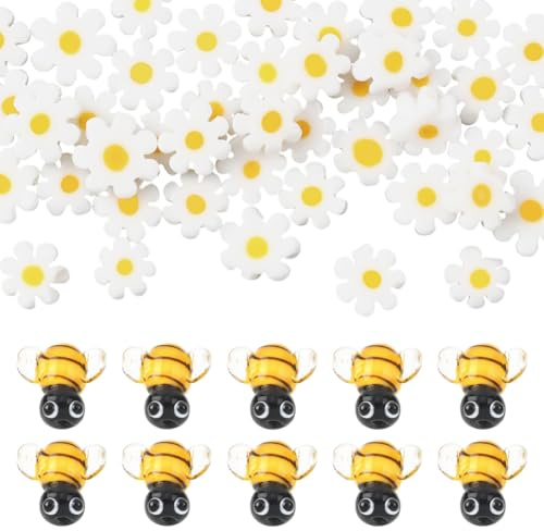 SUNNYCLUE 1 Box About 64pcs Bee Flower Beads Glass Bee Beads 3D Lampwork Glass Spring Honeybee Bee Shape Insect Animal White Daisy Flower Beads Bulk for Jewellery Making Adult Wedding Gifts Supplies