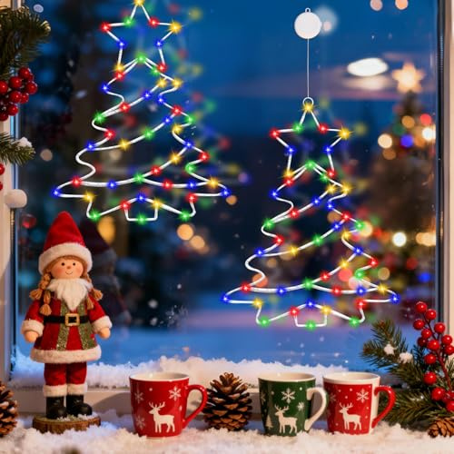 2 Stück Weihnachtsdeko Fenster Led, Weihnachten Deko Fensterlichter Mit 50 LEDs und timer, Weihnachtsbaum Fensterdeko Weihnachten Lichterkette, Weihnachtsdeko Innen Beleuchtung Für Balkon, Party