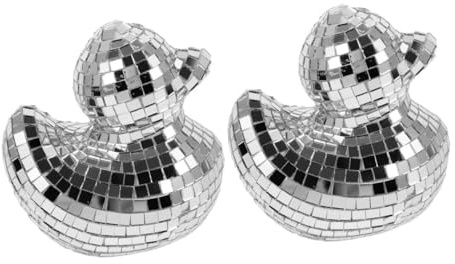 BAZEITFLOW 2pcs Silver Disco Duck Animal Figurine Set Mirror Ball Design, Foams and Glass Material, Versatile Table Centerpiece and Eyecatching Desktop Decoration for Bedroom or Room in Your