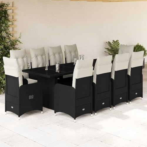 Ziaphsol Ensemble bistro de jardin 11 pièces en polyrotin noir avec 10 fauteuils de relaxation réglables, table en verre, résistant aux UV, pour terrasse et balcon, coussins blanc crème