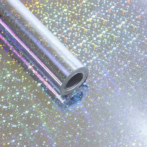 Komforbaa Silverholografiskt presentpapper, 43 cm x 10 m presentpappersrulle mönster med stjärnor, för födelsedag, bröllop, semester, fest