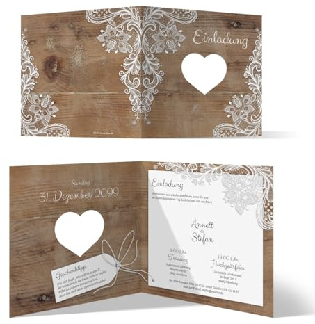 Individuelle Hochzeit Einladungskarten ab 10-100 Stück Hochzeitskarten Hochzeitseinladungen - Rustikal mit weißer Spitze mit Herzstanze, dickes 300g/qm Papier, 148x148mm, passende Umschläge optional