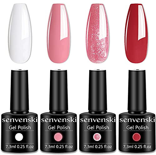 Senvenski Smalto Semipermanente per Unghie Kit Bianca Rossa Rosa Glitter Smalti Semipermanenti Per Unghie Gel Colore Soak Off UV LED Vernice Manicure Nail Art Regalo (CS001)