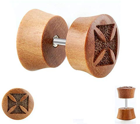 Treuheld® | HOLZ OHRSTECKER mit KREUZ zum Schrauben - Braun Dunkelbraun - 2 Größen - Fake Plug - Organische Motiv OHRRINGE Herren & Damen & Kinder & Männer Ohr FAKE TUNNEL Piercing STECKER