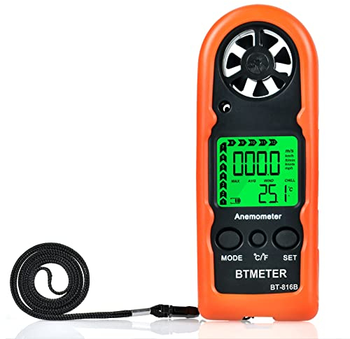 BTMETER BT-816B Handheld Anemometer, Compact Digital Wind Speed Meter Gauge for Air Velocity, Wind Temperature Test with LCD Backlight, Max/Average, Wind Chill