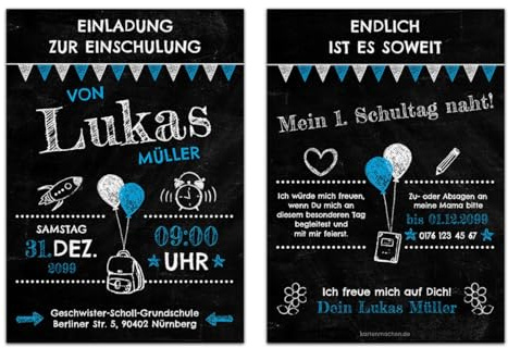 Kartenmachen.de Personalisierte Einschulung Einladungskarten Schulanfang individuell Einladungen - Tafel Blau