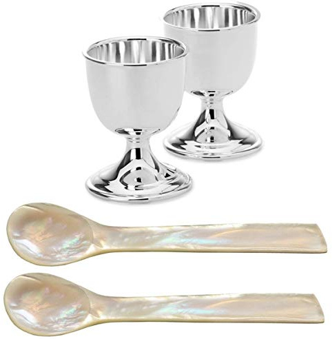 SILBERKANNE 2 Stück Kaviarlöffel Eierlöffel L 12 cm aus Perlmutt mit 2 Stück Eierbecher aus Silber Plated versilbert 4er Set in Premium Verarbeitung