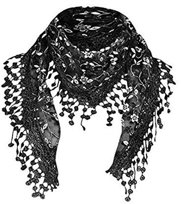 Cotchear Lace Scarf Floral Crochet Lightweight Tassel Sheer Wrap Scarves Shawl (Black)