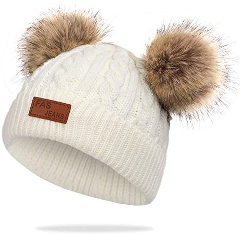 Martin Kench Kinder Winter-Mütze Strickmütze Fellbommel Bommel Strick Mütze Bommelmütze mit 2 Bommeln Mütze für Baby Mädchen Jungen (Weiß)