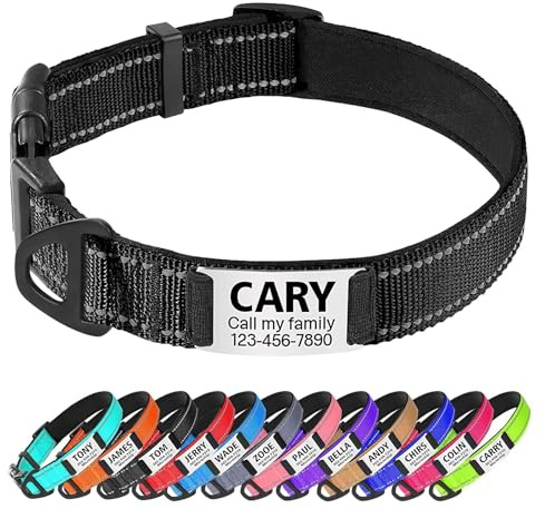 TagME Hundehalsband personalisiert, Reflektierendes gepolstertes Nylon Hundehalsband für große Hunde mit Namen und Telefonnummer