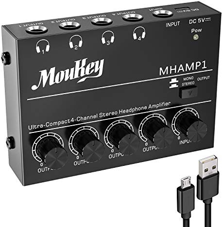 Moukey Headphone Amp Amplifier 4 Channels Metal Stereo Audio Amplifier,Mini Headphone amplifier portable - 4x Quarter Inch Balanced TRS Headphone Output and TRS Audio Input, DC5V Power Supply-MHAMP1