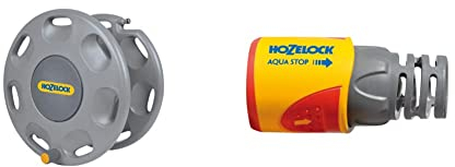 Hozelock 2390D0000 60m Wall Mounted Reel without Hose and Nozzle (Yellow/Gray) and Hozelock 2055 0000 AquaStop Connector PLUS (12.5mm & 15mm)