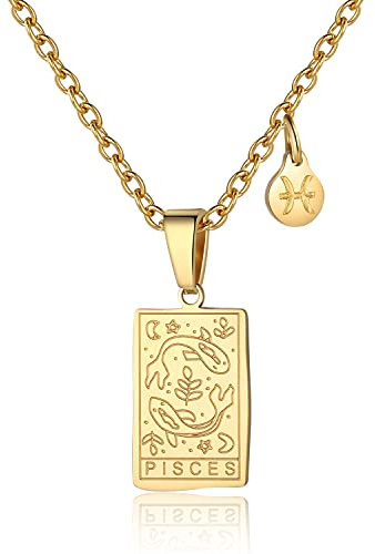 Zodiac Sign Necklace for Women Constellation Tarot Card Pendant Double Sided Gold Stainless Steel Waterproof NonTarnish Friendship Jewelry Gift（Pisces）