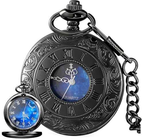 Tiong Roman Numerals Scale Pocket Watch Blue Starry Night Moon Dial Men Pocket Watch with Chain Christmas Graduation Birthday Gifts Fathers Day