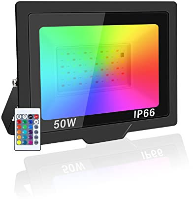 PICAA LED Floodlight Outdoor Security Light,50W RGB Colour Changing Flood Lights with Remote Control IP66 Waterproof Dimmable Flood Lights Wall Light for Garden Party Stage(1 Pack)