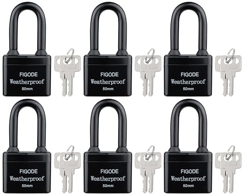 FIGODE® Wasserdichte Vorhängeschlösser für den Außenbereich, abgedeckte, robuste, laminierte Stahlschlösser, große stabile Schlösser, 5,6 cm breit, 6 Schlösser mit gleichem Schlüssel, lange