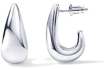 PAVOI Rhodium Plated 925 Sterling Silver Post Statement Huggie Earrings | White Gold Dome Hoop Earrings for Women