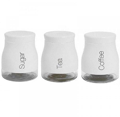 ARA CHOICE Set of 3 White Kitchen Storage Canisters Tea Coffee Sugar Jars Pots Containers Caddy Stylish Matt Glass with Screw Lid Jar Pots Food Containers Kitchen Storage Canister Set 700ml