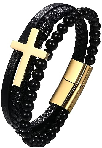 JewelryWe Lederarmband Herren Edelstahl: Retro Kreuz Infinity Unendlichkeit Symbol Totenkopf Dolch mehrschichtig geflochten Leder Armband mit Gravur Männer Armreif Manschette