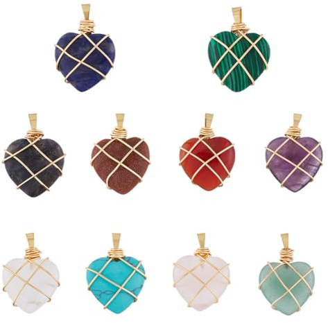 SUPERFINDINGS 10 Stück 10 Stile Herz Edelstein Anhänger Vergoldeter Kupferdraht Umwickelte Anhänger Natürliche Gemischte Edelstein Anhänger Für Die DIY Schmuckherstellung Bohrung:5x2.5mm