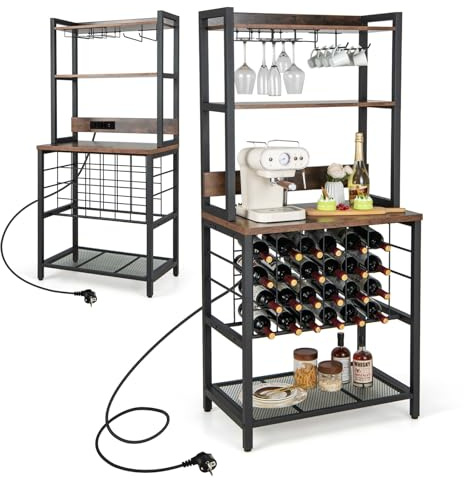 KOMFOTTEU Scaffale per vino con prese e USB per 24 bottiglie e tazze, mensola da cucina a 5 Ripiani con piano di lavoro, scaffale multiuso per più dispositivi, portabottiglie per vino 76 x 48 x 163 cm