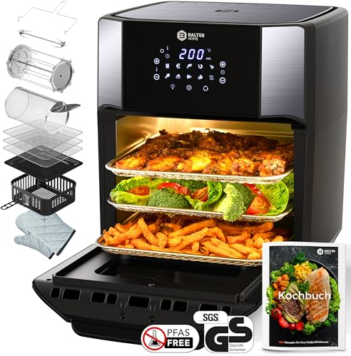Balter Heißluftfritteuse HL-1200-BL, 12 Liter, Friteuse, LED Touchscreen, 10 Programme, Dörrautomat, 1800W Heissluftfritteuse airfryer, 100 Rezepte auf Deutsch, Minibackofen