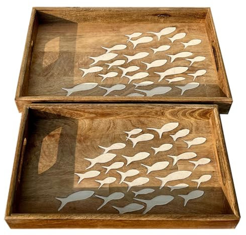 Set de 2 Bandejas Rectangulares Decorativas de Madera Peces Blancos Adornos y Esculturas. Centros de Mesa. Regalos Originales. Decoración Hogar. 43 x 28 x 5 cm.