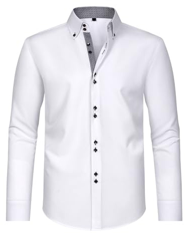SYDUZAX Men's Dress Shirts Long Sleeve Casual Smart Button Shirt Non Iron Turn Down Collar Double Breasted Business Shirts Regular Fit Stretch Wedding Work Office Oxford Formal Shirt Blouse White