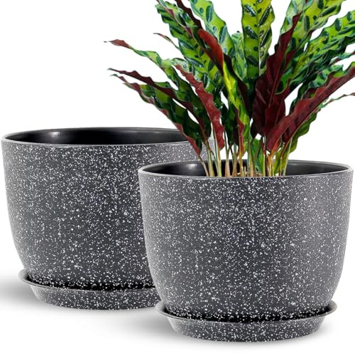 SE SUN-E Blumentöpfe 30 cm 2er Set, Pflanztöpfe für Zimmerpflanzen, Pflanzgefäße für Pflanzen im Freien Töpfe für Pflanzen mit Drainage und Untersetzer, schwarz gesprenkelt