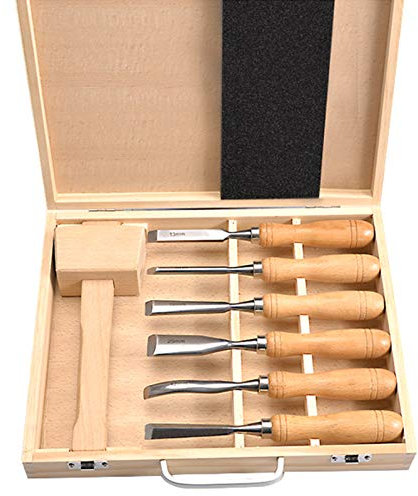 GLJTUO Juego De Cinceles De Madera para Carpintería, 7 Piezas, con Mangos De Madera, Mazo De Madera Y Caja De Madera para Carpintería