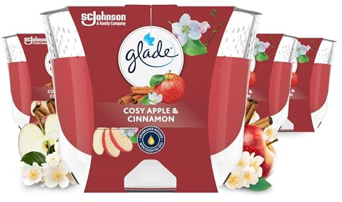 Glade Langanhaltende Duftkerze im Glas, Cosy Apple & Cinnamon, bis zu 30 Stunden Brenndauer, 4er Pack (4x204 g)