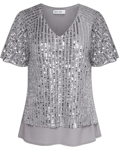 GRACE KARIN Reteo Elegant Glitter Chiffon Lined Tops V Neck Short Sleeve Shirts Solid Plus Size Blouse Shirt Silver Gray XXL