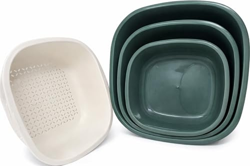 BH | Basin Bowl with Strainer | Set of 3 Pcs (3.5L + 6L + 10L) | Green | Square | Basin Basket Bowls | Kitchen Fruit Washing Basin Bowl and Strainer for Kitchen Bathroom and Household - by Best House