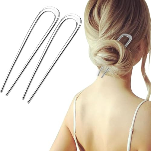 WATEFOER 2 Stück U-Förmige Haarnadeln Metallspange Französische Haarnadel Vintage 2 Zinken Updo Frisur Chignon Pins Hair Styling Zubehör für Mädchen Damen (Silber)