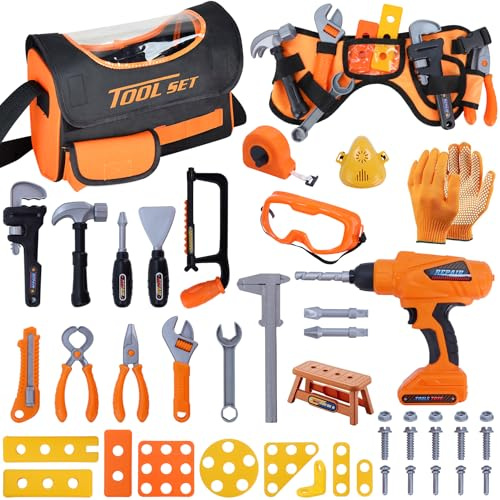 Kids Tool Set,MAGIC4U 52PCS Toddler Tool Set with Electric Drill Toy & Kids Tape Measure, Pretend Play Construction Toys Costume with Tool Belt for Boy Girls Age 3-8