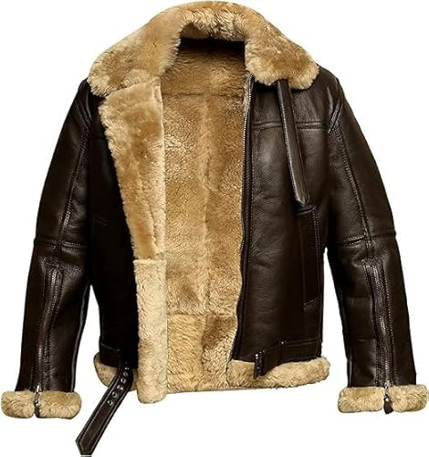 AAOutfitz Braune Fliegerjacke für Herren, Schaffell, Raf aus echtem Lammfell, Braun: Echtes Leder, L