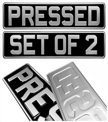 SET OF 2 OBLONG Black and Silver Pressed NumberPlates Car Metal Classic 100% Legal