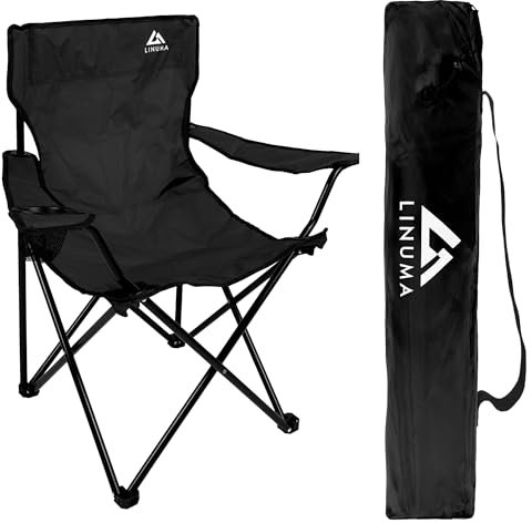 LINUMA® Chaise de Camping Noir – Pliante avec Porte-gobelet – idéale pour Festivals, pêche & Camping