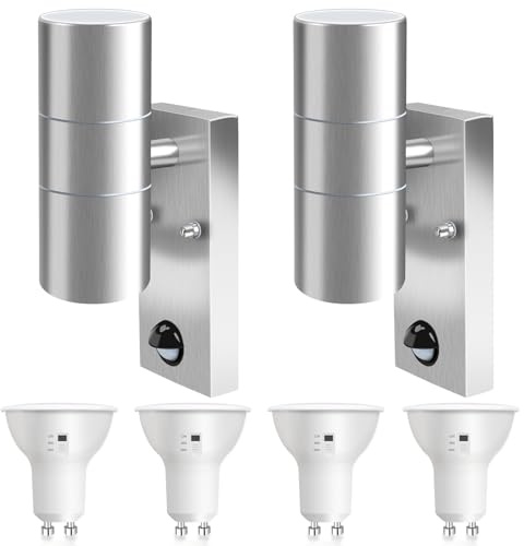 ALUSSO Ausenlampe mit Bewegungsmelder 3CCT inkl.4×8W GU10, Silber, 2er Set | Up Down Wandleuchte 3000K/4000K/6000K, Wandlampe IP65 Wasserdicht für Garten