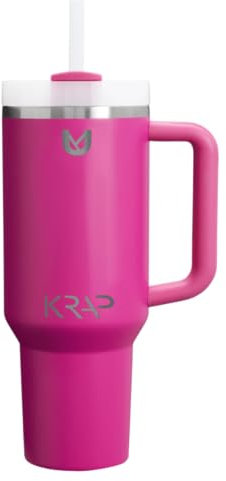 KRAP Becher mit Griff und Strohhalm, Thermobecher mit Deckel, großer Reisebecher, Kaffeetasse für heiße und kalte Getränke, isolierte Edelstahl-Wasserflasche, Geschenke für Damen und Herren, Rosa
