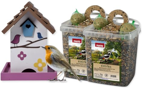 PANTO Vogelliebe-Set – Wildvogelfutter, Vogelhaus & 2X Winterbox 3 kg | Energiereiches Rundum-Paket mit Vogelhaus & Winterfutter – geschützter Futterplatz für Wildvögel, ganzjährig einsetzbar
