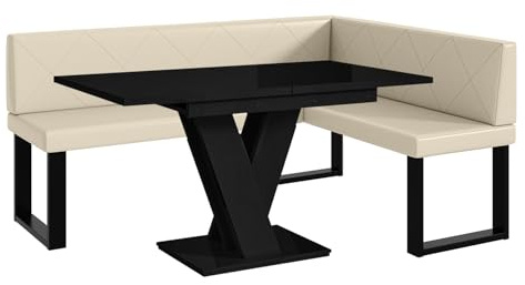 MEBLINI Eckbank für Esszimmer mit ausziehbarem Tisch - Küchenbank - Essecke - Sitzecke Küche - ERIC - U-Beine 128x168x87cm Rechts - Creme Kunstleder/M Schwarz Hochgl.