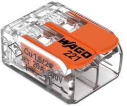Wago, Hebelklemme 221, 50er-Box, 2 Eingänge, für starre, halbstarre und flexible Drähte 0,14 – 4 mm², Spannung 450 V, Strom 32 A, Abisolierlänge 11 mm, schnelle und werkzeuglose Installation